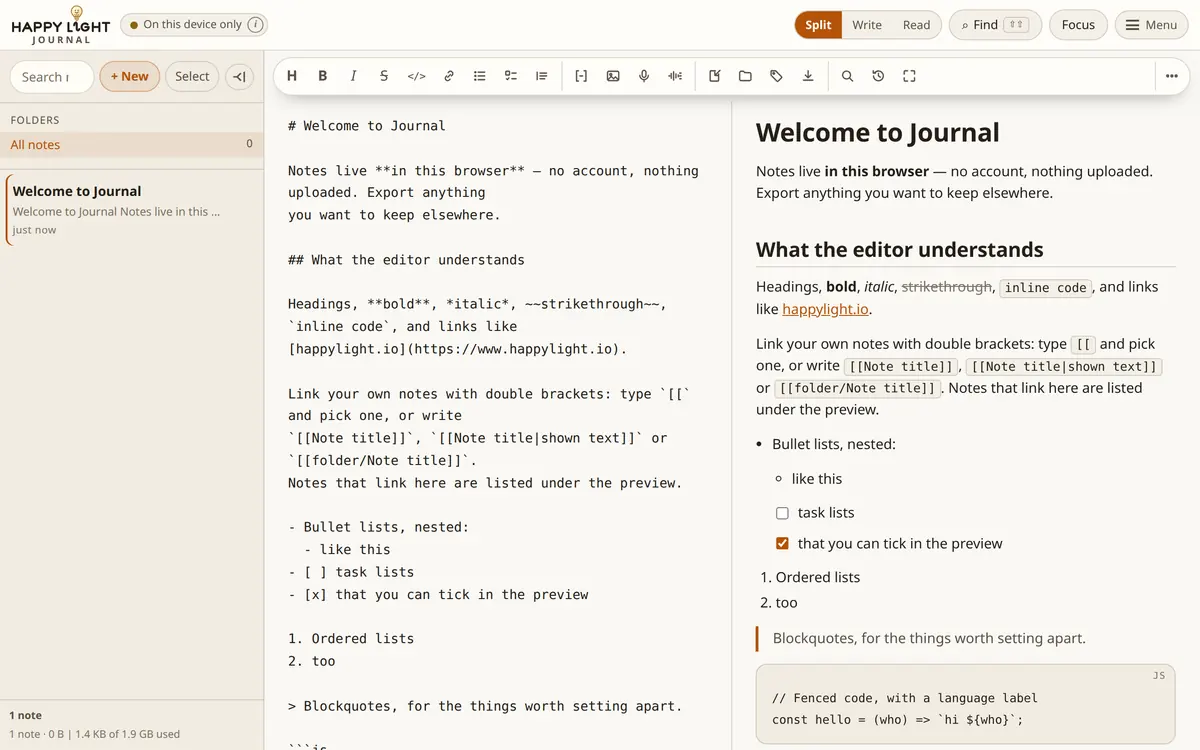 Journal in split view: Markdown source on the left, the rendered note on the right, with a folder and note list on the far left and a badge reading “On this device only”.
