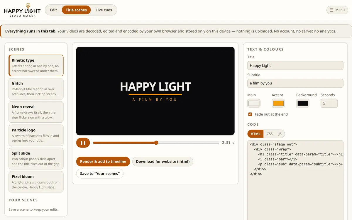 Video Maker's title-scene studio: a list of animated presets on the left, a “Happy Light — a film by you” title playing in the preview, and text, colour and code panels on the right.